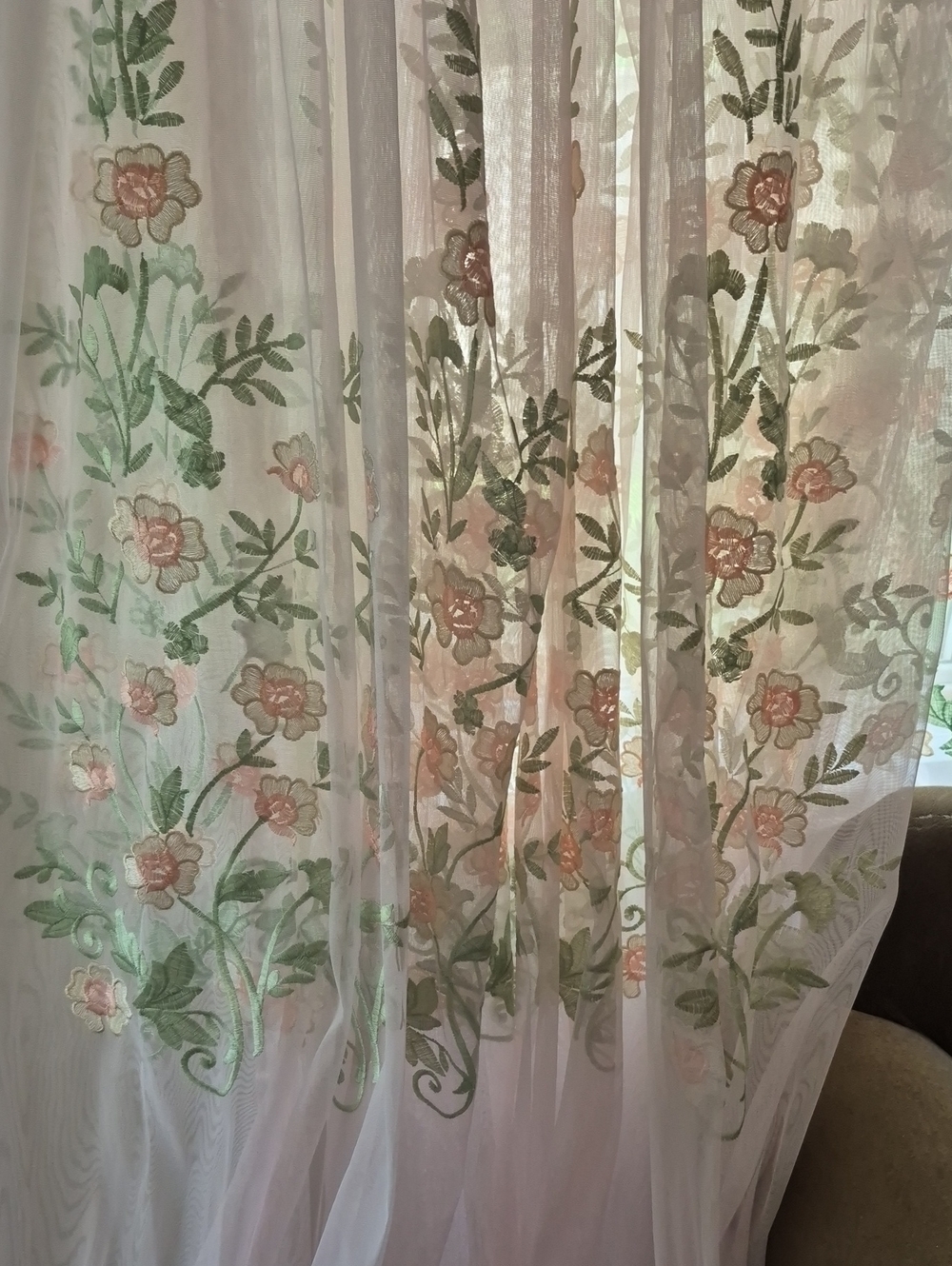 Sheer Embroidered Floral Curtain Panel in Pink and Green